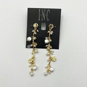 INC | Gold tone white faux pearl drop earrings 3" NEW